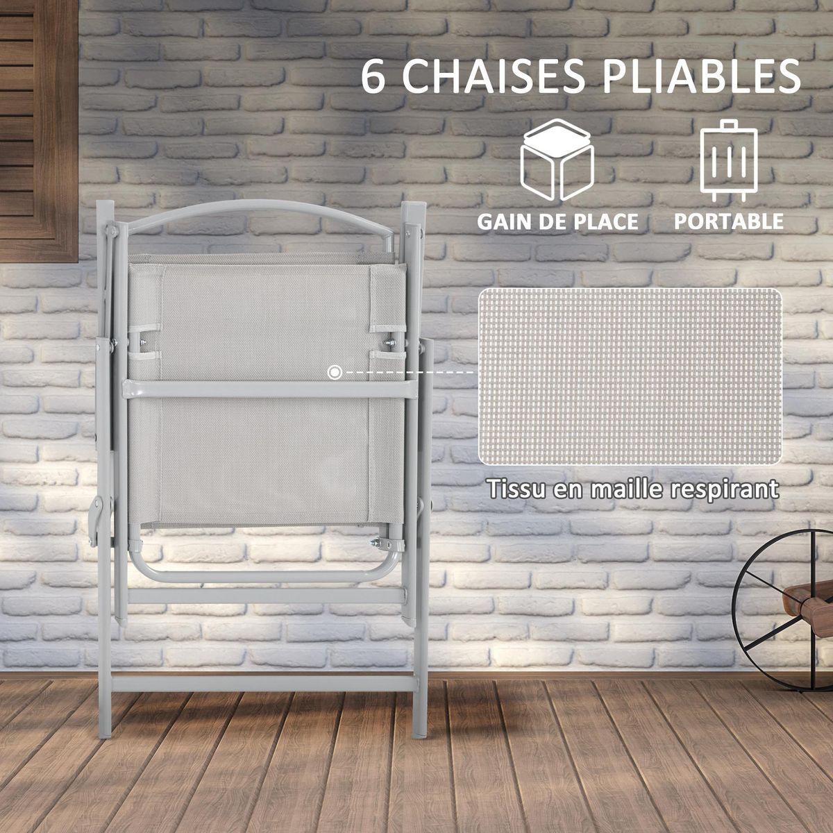 OUTSUNNY Ensemble salon de jardin 6 places 8 pièces - parasol, table, 6 chaises pliantes - métal époxy textilène polyester gris