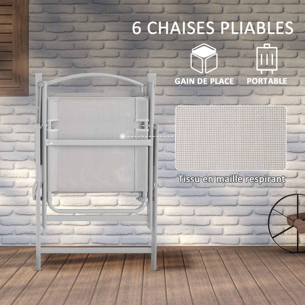 OUTSUNNY Ensemble salon de jardin 6 places 8 pièces - parasol, table, 6 chaises pliantes - métal époxy textilène polyester gris