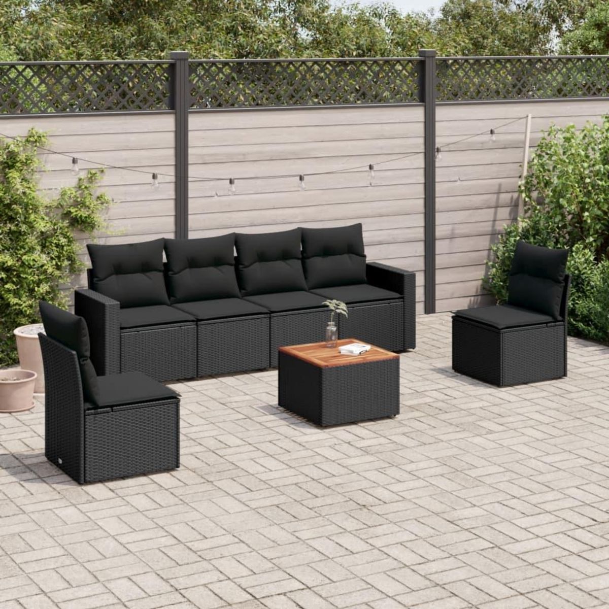 VIDAXL Salon de jardin 7 pcs avec coussins noir resine tressee