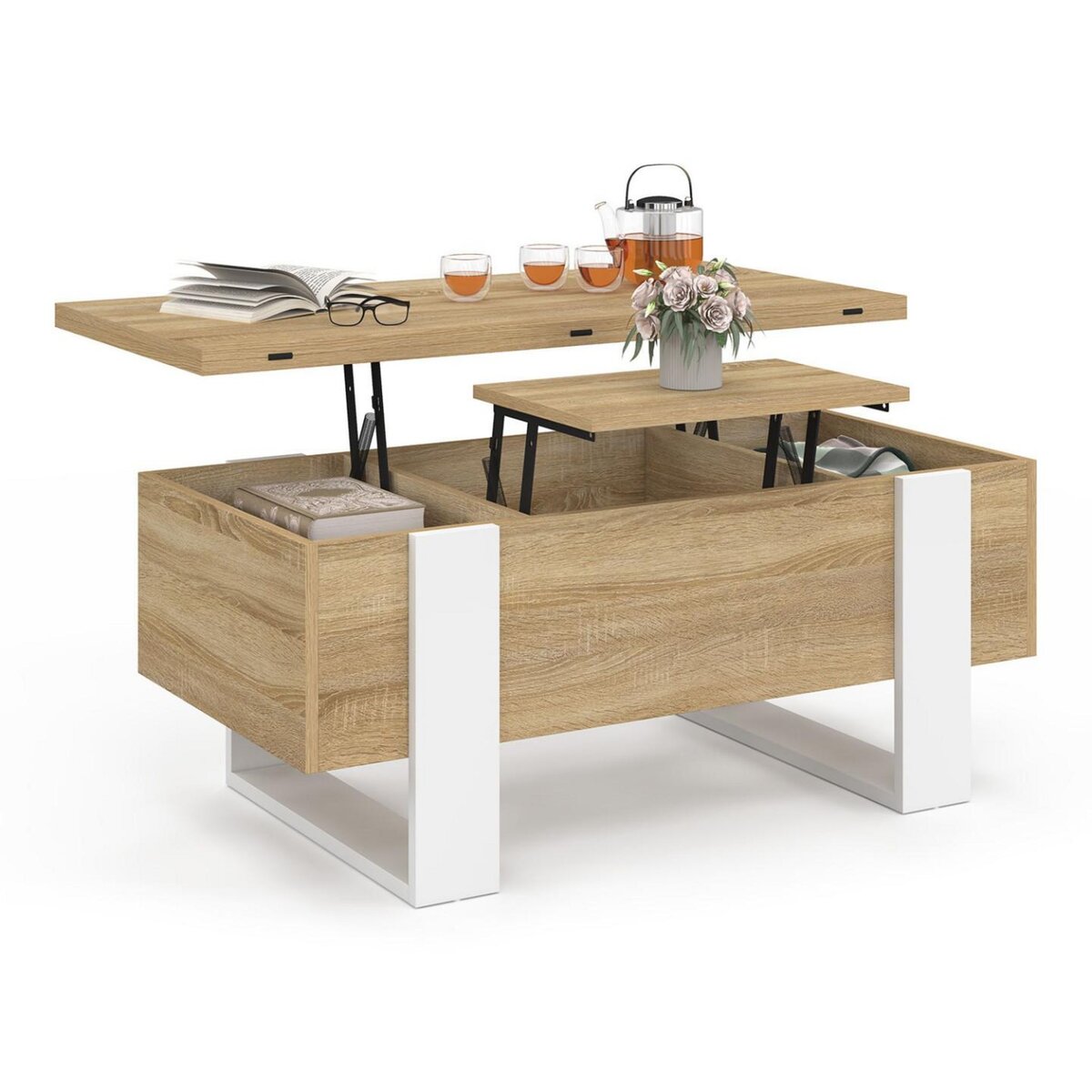 ID MARKET Table basse plateau relevable rectangulaire convertible en table à manger PHOENIX 97,5 cm bois et blanc