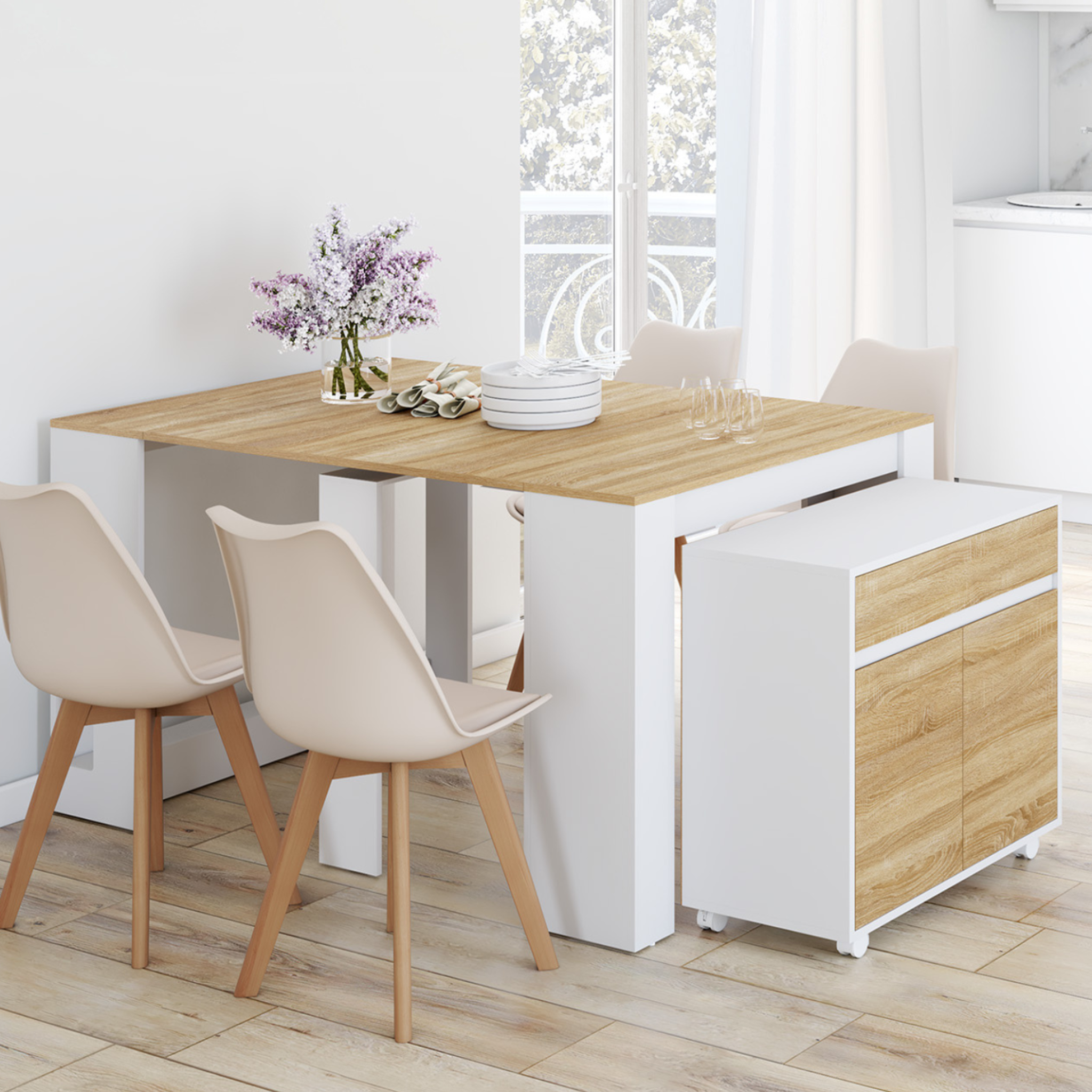 Voir la diapositive 2 : ID MARKET Table buffet extensible orlando 6 personnes 140 cm bois blanc façon hêtre