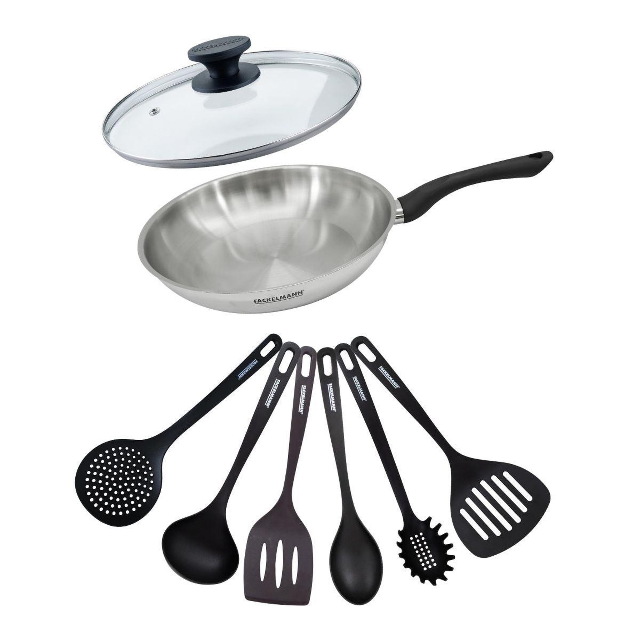 Fackelmann Set poêle 28 cm en inox, couvercle verre et 6 ustensiles fackelmann geneva