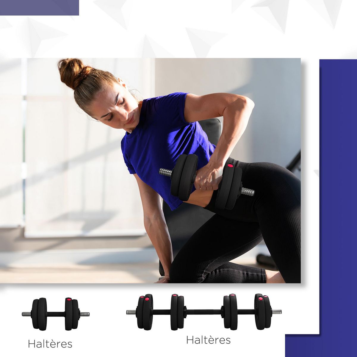 HOMCOM Haltères 2 en 1 réglables - haltères libres 15 Kg - barres incluses - entraînement musculaire & haltérophilie - noir rouge