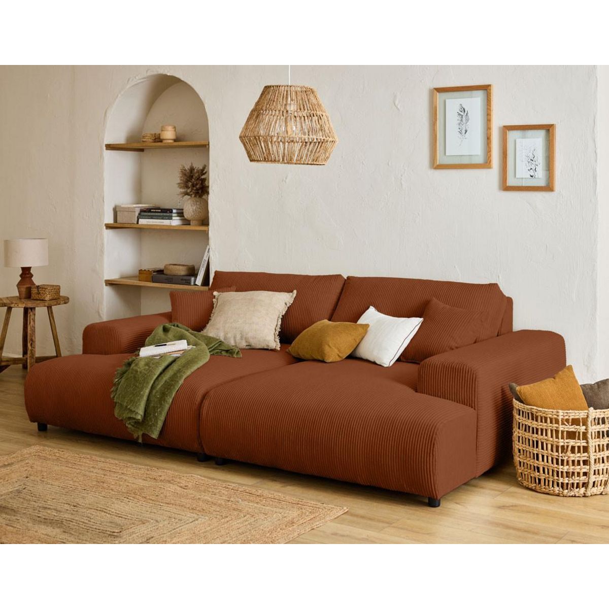 LISA DESIGN Garance - canapé droit 4 places double méridienne - assise profonde - en velours côtelé