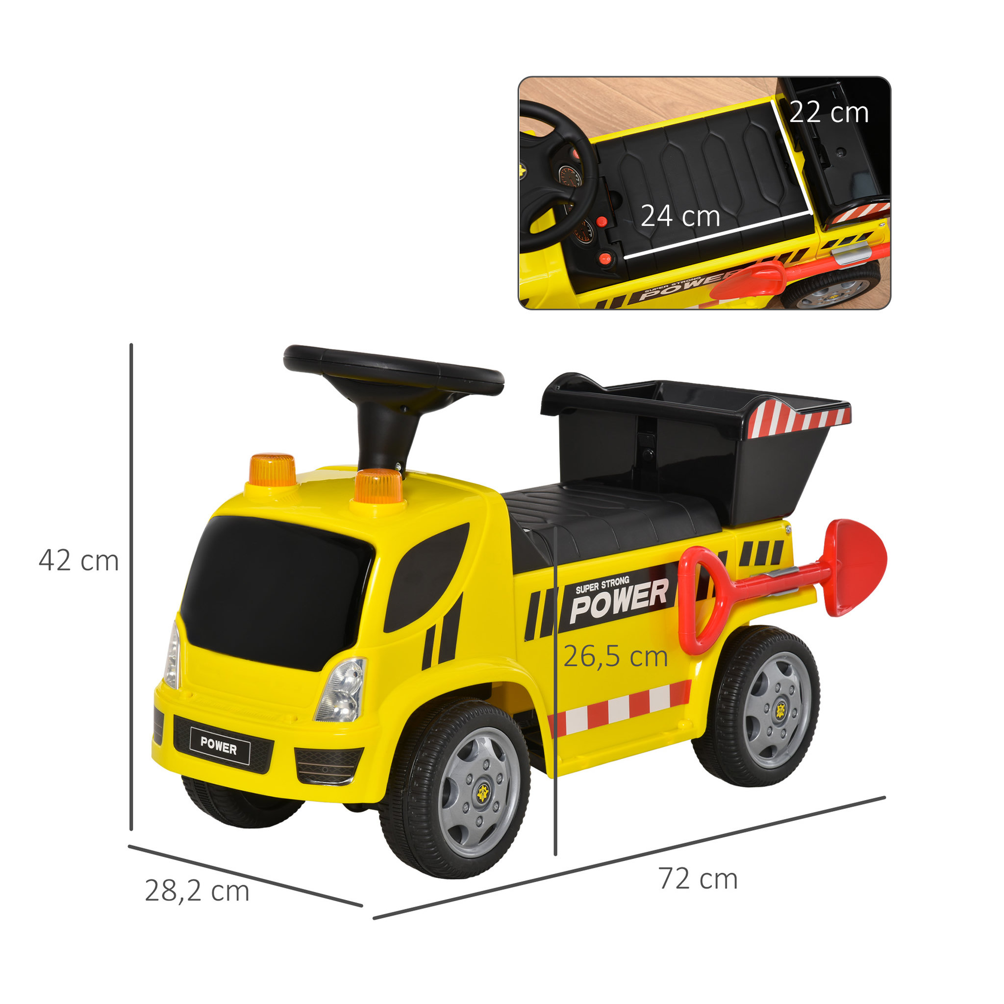 Voir la diapositive 3 : HOMCOM Porteur enfant camion 18-36 mois benne basculante pelle effets sonores lumineux noir jaune