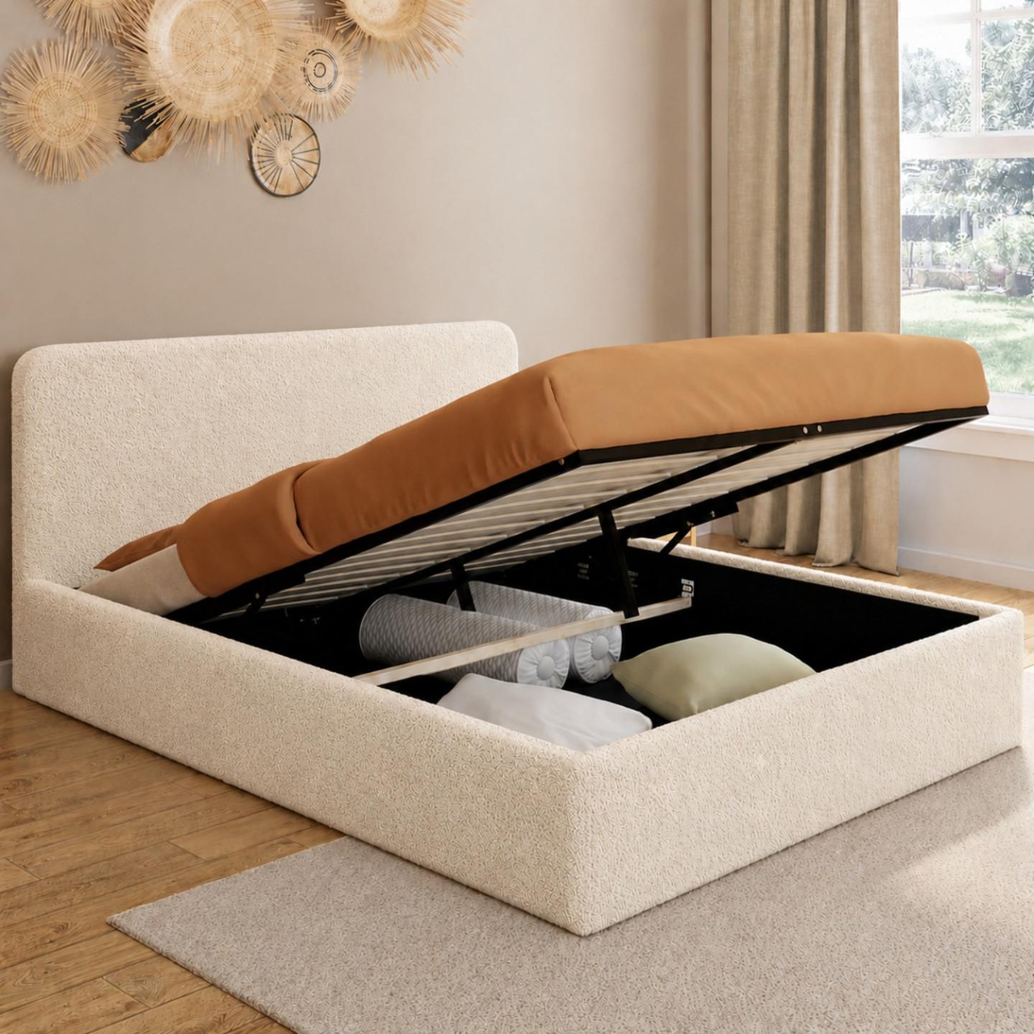 Voir la diapositive 2 : ID MARKET Lit coffre double bradford avec tête de lit et sommier 140 x 190 cm tissu bouclette