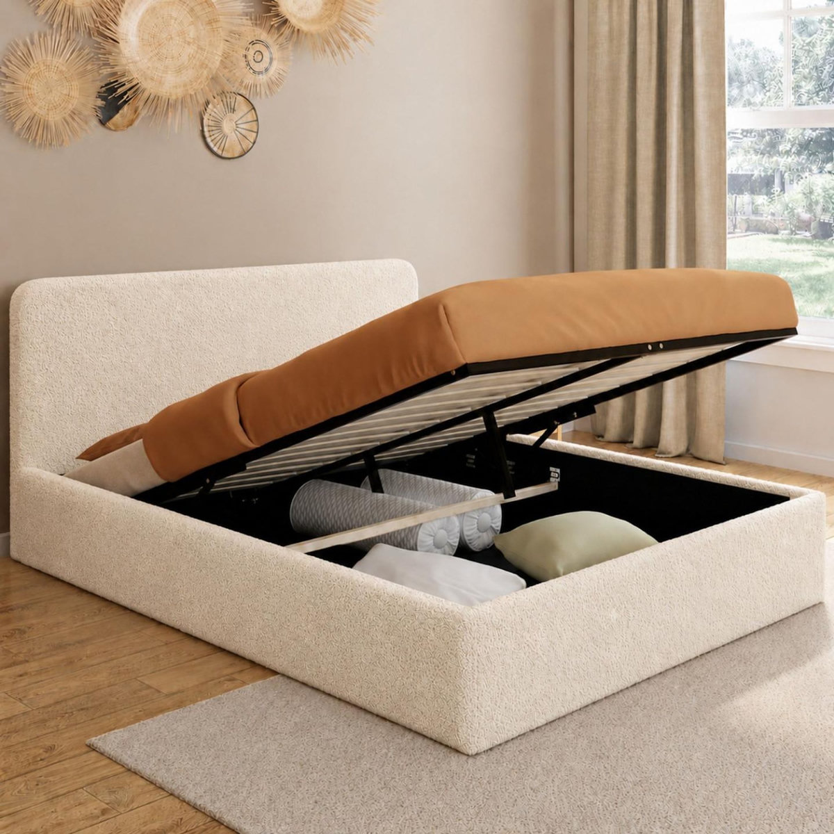 ID MARKET Lit coffre double BRADFORD avec tête de lit et sommier 140 x 190 cm tissu bouclette