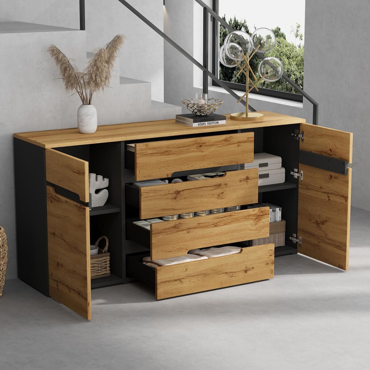 MERAX Buffet 2 porte(s) 4 tiroir(s) - 160 cm naturel+noir panneau de particules