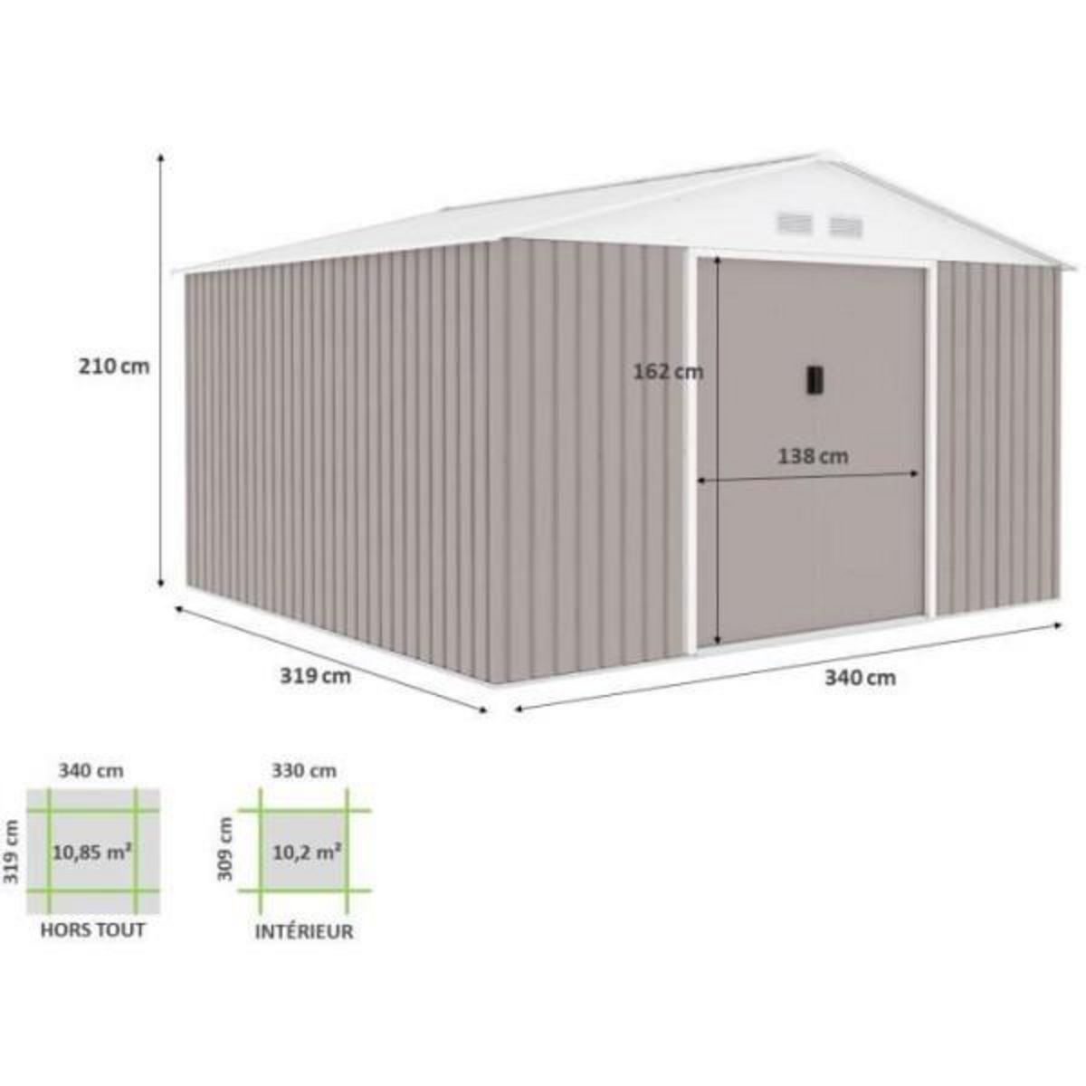 MARKET24 JUPITER Abri de jardin en métal 10,85 m² - 340 x 319 x 210 cm - Kit d'ancrage inclus, 2 portes coulissantes - Taupe
