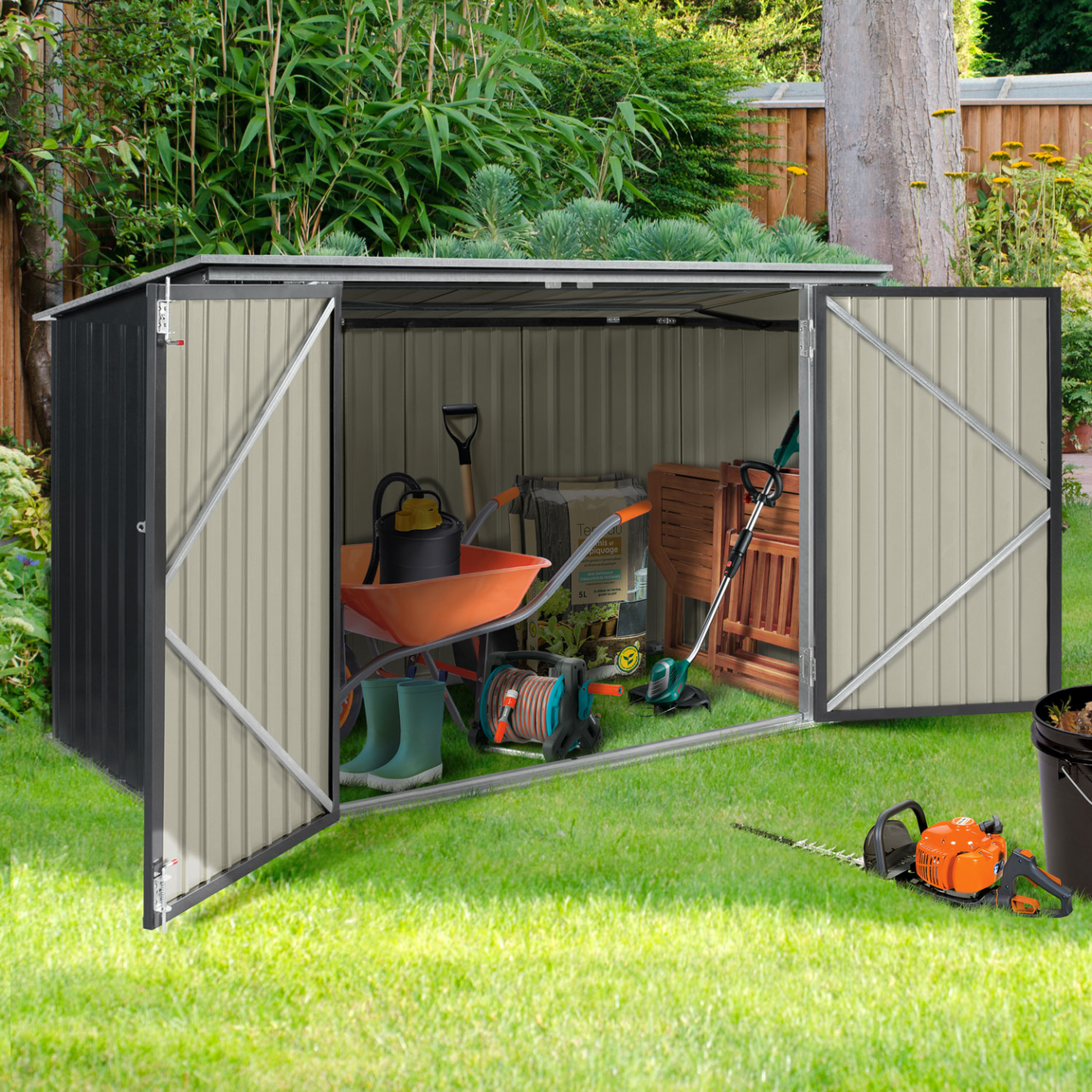 Voir la diapositive 2 : ID MARKET Abri de jardin en métal gris anthracite verrouillable multi-rangement pour stockage vélos, outils, poubelles