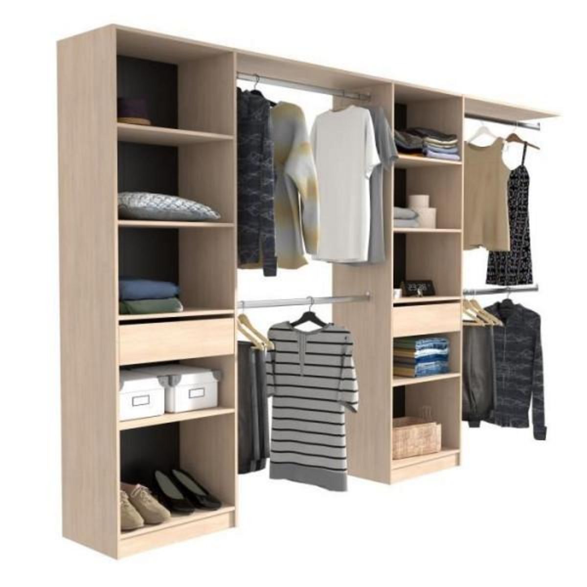 EKIPA EKIPA Dressing extensible - 2 colonnes avec 2 tiroirs et 10 étageres + 4 penderies - Décor chene - L 320 x P 40 x H 200 cm - D