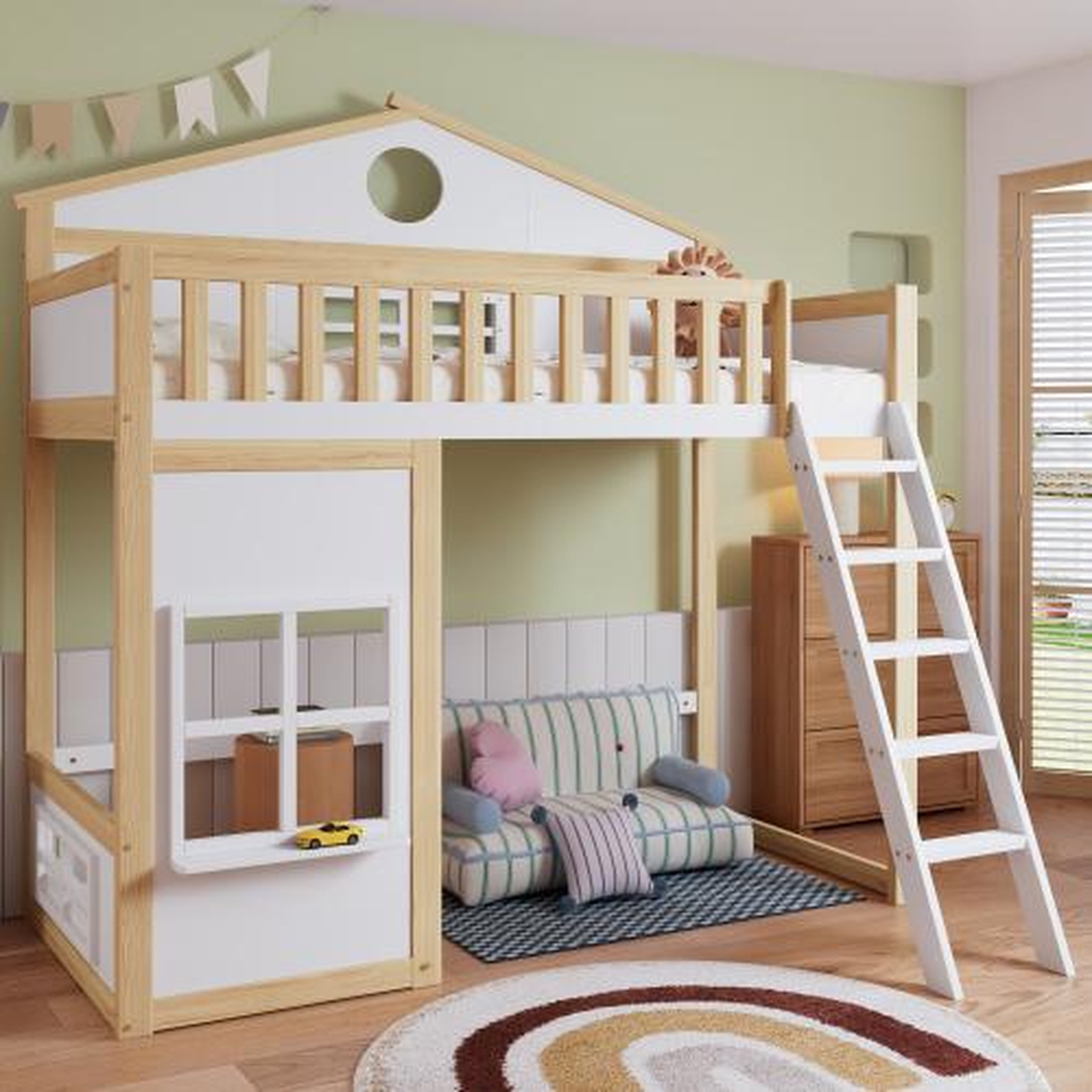 Voir la diapositive 4 : MERAX Lit combiné enfant 90x200cm coloris blanc+naturel bois massif