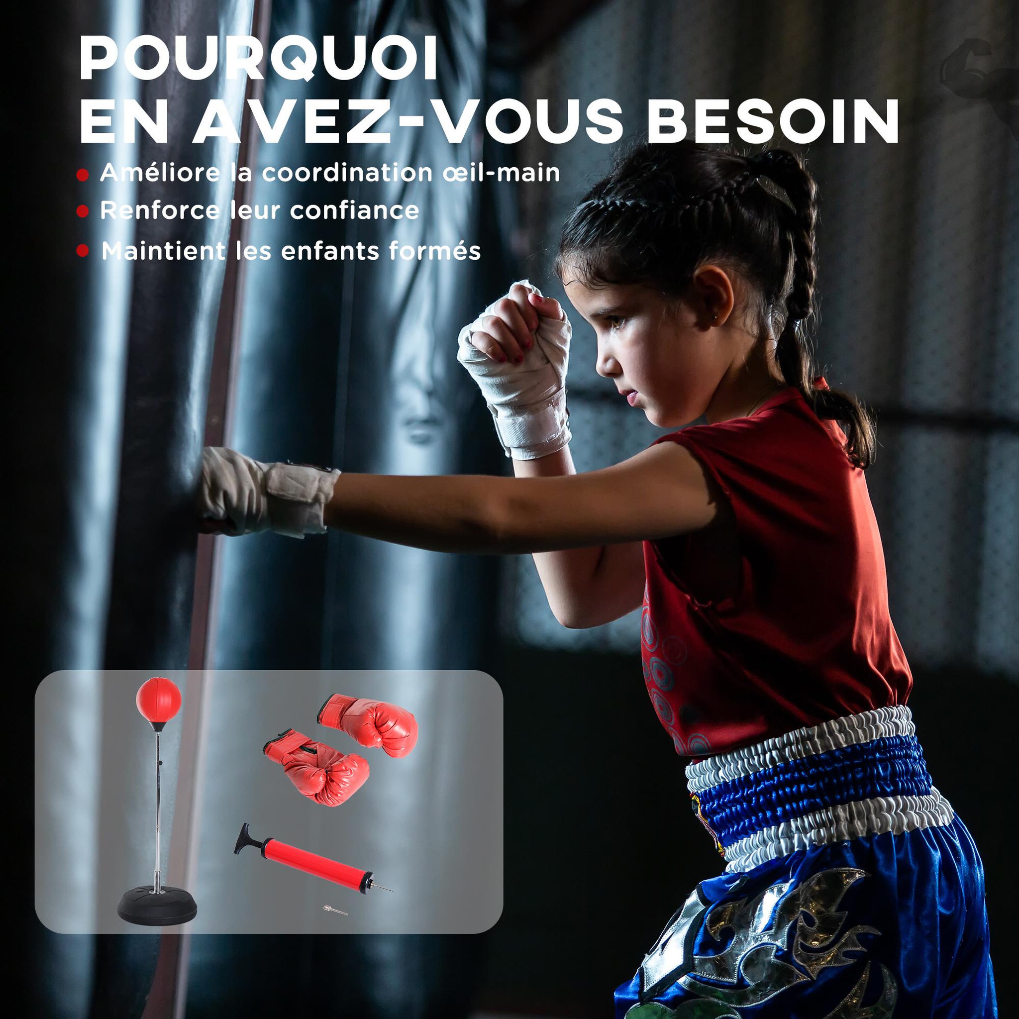 Voir la diapositive 5 : HOMCOM Punching ball sur pied réglable en hauteur 126-144 cm avec gants, pompe et base de lestage rouge