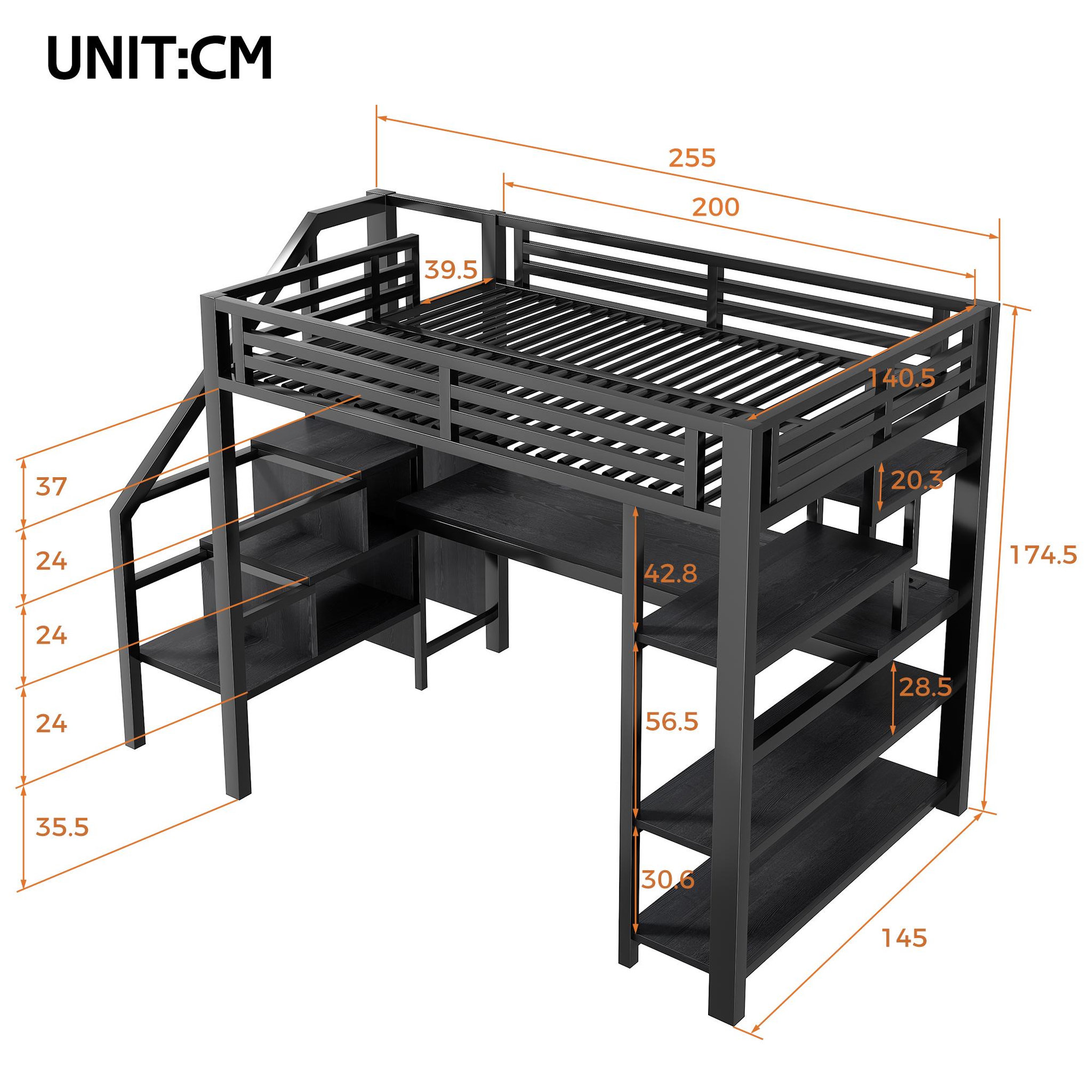 Voir la diapositive 3 : MERAX Lit mezzanine 140x200 cm coloris noir led métal