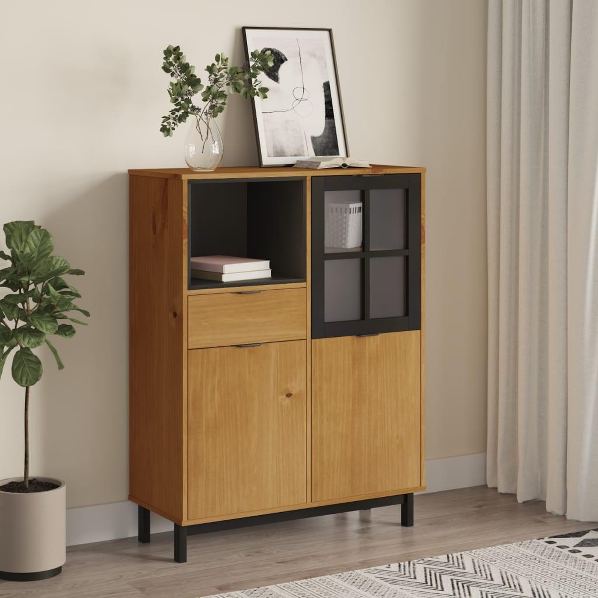 VIDAXL Buffet avec porte vitree FLAM 92x40x122,5 cm bois massif de pin
