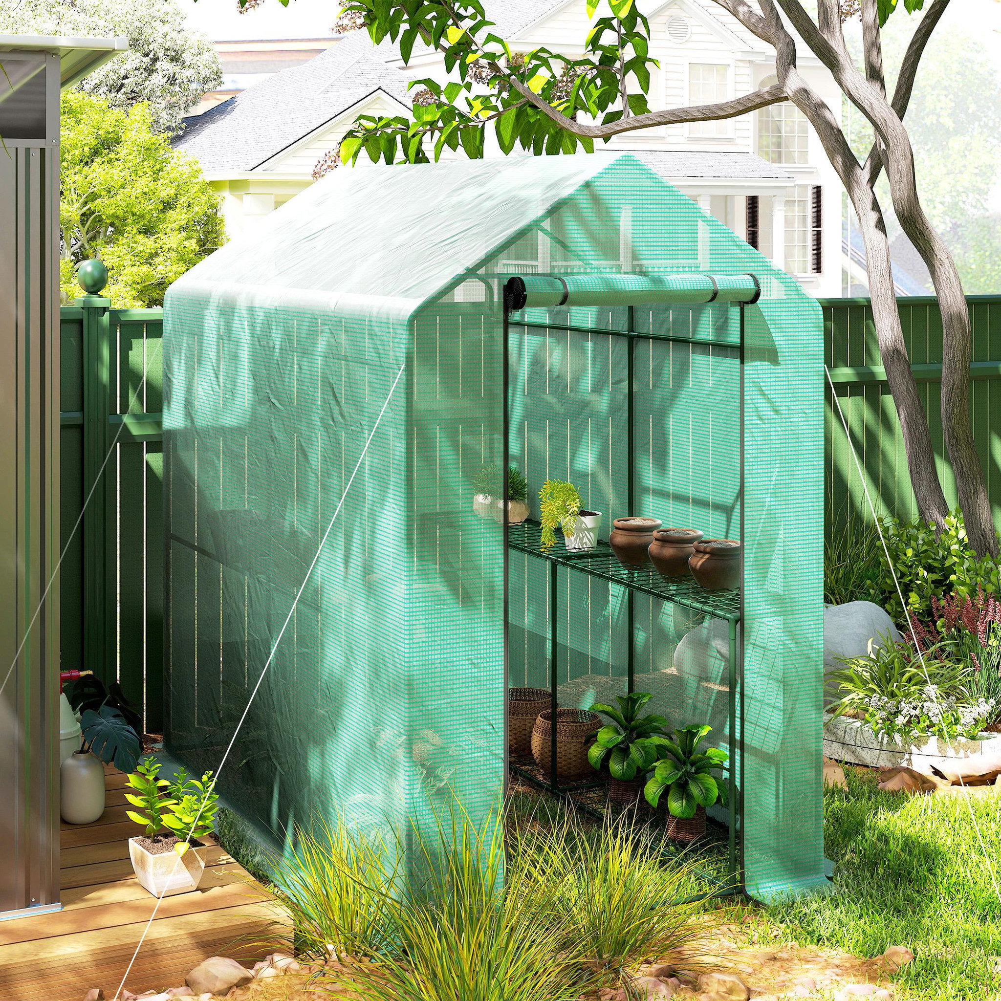Voir la diapositive 2 : OUTSUNNY Serre de jardin 2 tablettes dim. 1,86l x 1,2l x 1,9h m porte déroulante acier pe haute densité 140 g/m² vert