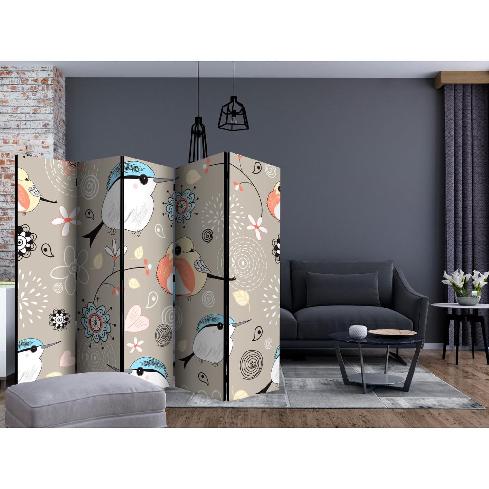 Voir la diapositive 2 : Paris Prix Paravent 5 volets  natural pattern with birds  172x225cm