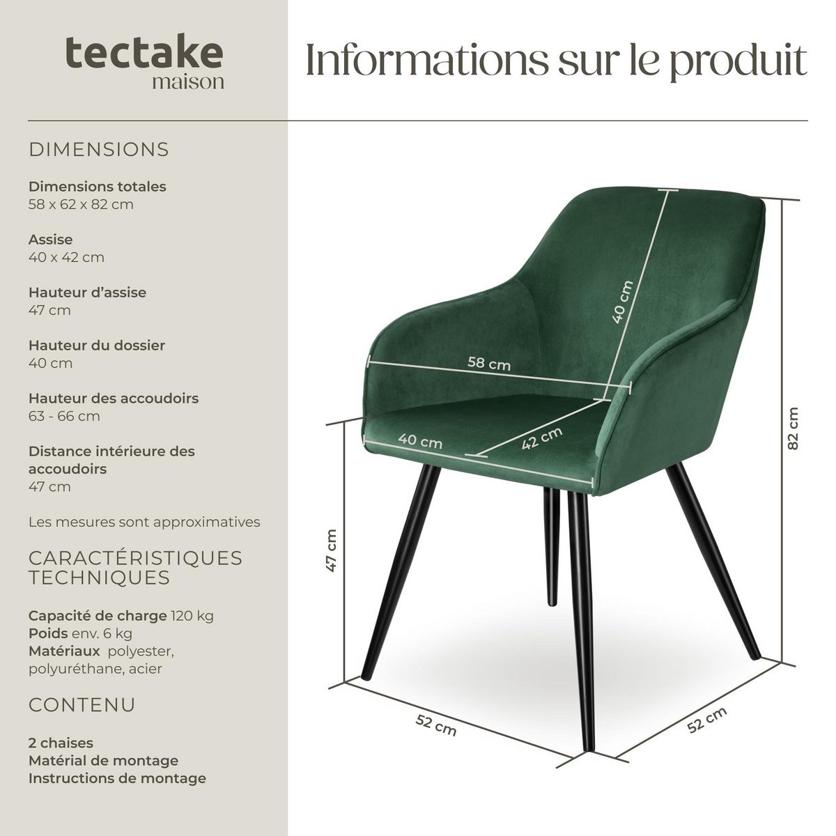 tectake Chaise style scandinave rembourrée aspect velours vert foncé/noir Lot de 2