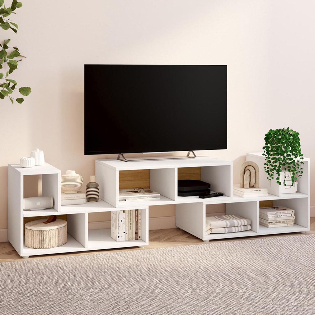 ID MARKET Meuble TV combiné 3 pièces modulables LEONARD pour salon chambre et bureau, 140-205 x 30 x 43 cm