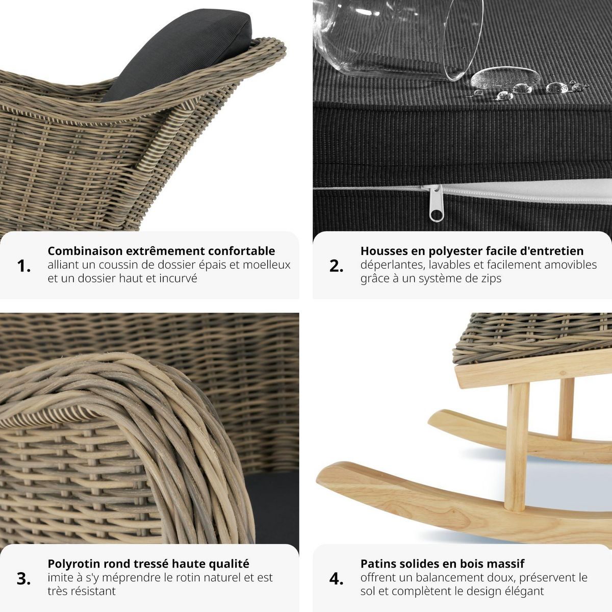 tectake Fauteuil à bascule en rotin tressage à l'aspect naturel avec cadre en aluminium marron naturel