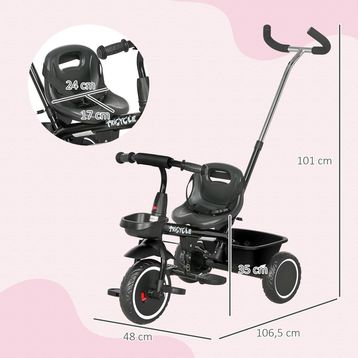 HOMCOM Tricycle 2 en 1 pour enfants avec poignée de poussée réglable, 2 paniers et pédales - pour 18 mois - 5 ans - noir