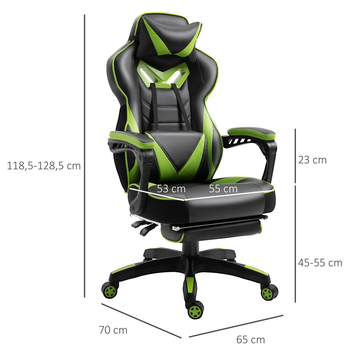 VINSETTO Vinsetto Fauteuil de bureau gamer style baquet racing - pivotant, inclinable - coussin lombaire, tétière, repose-pieds inclus - revêtement synthétique vert noir
