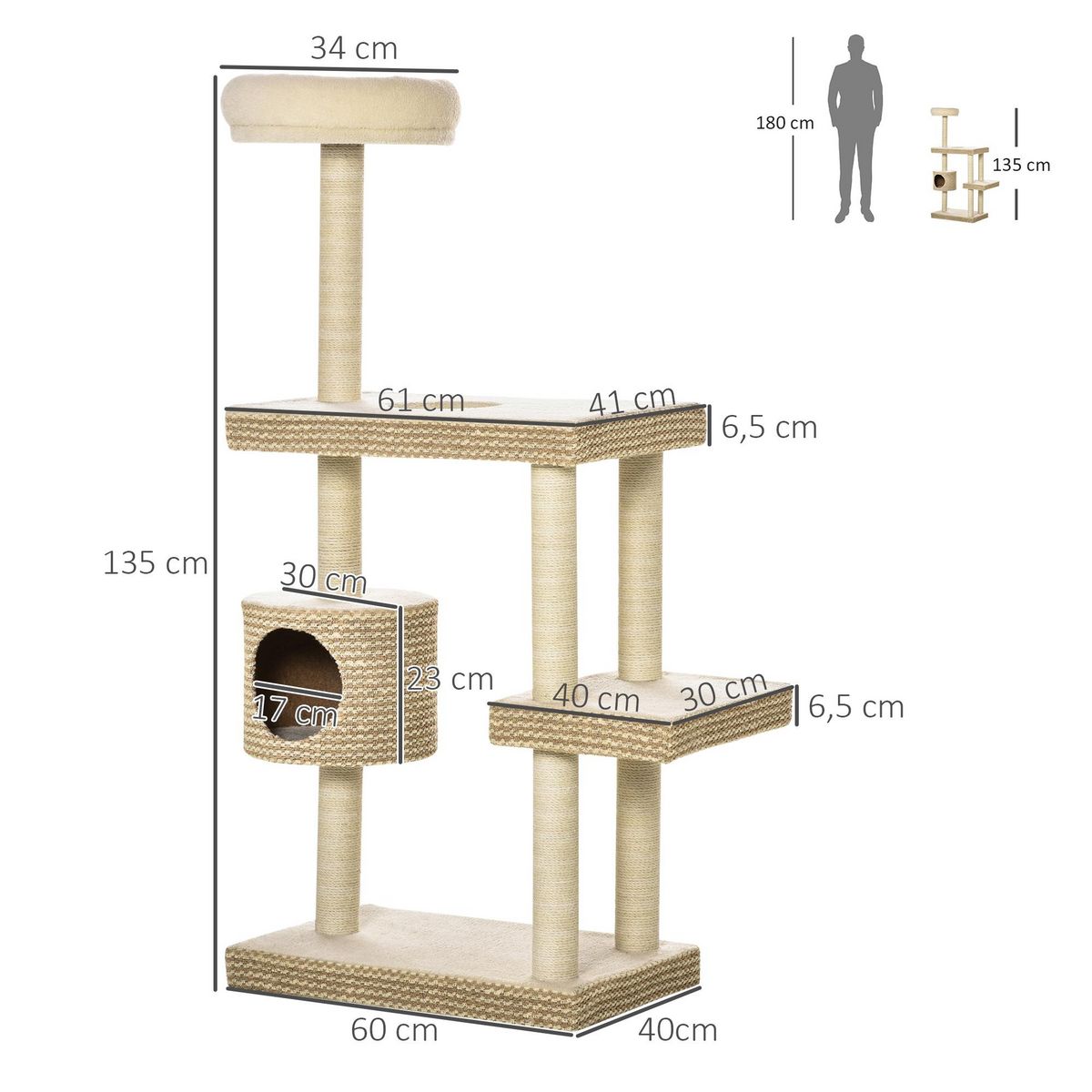 PAWHUT Arbre à chats style cosy chic H135 cm griffoirs sisal naturel niche plateformes peluche courte bicolore beige café