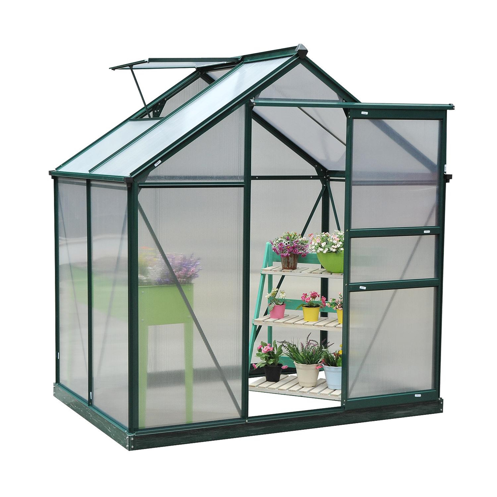 Voir la diapositive 6 : OUTSUNNY Serre de jardin aluminium polycarbonate 2,51 m² dim. 1,9l x 1,32l x 2,01h m lucarne, porte coulissante + fondation incluse alu. Vert polycarbonate transparent