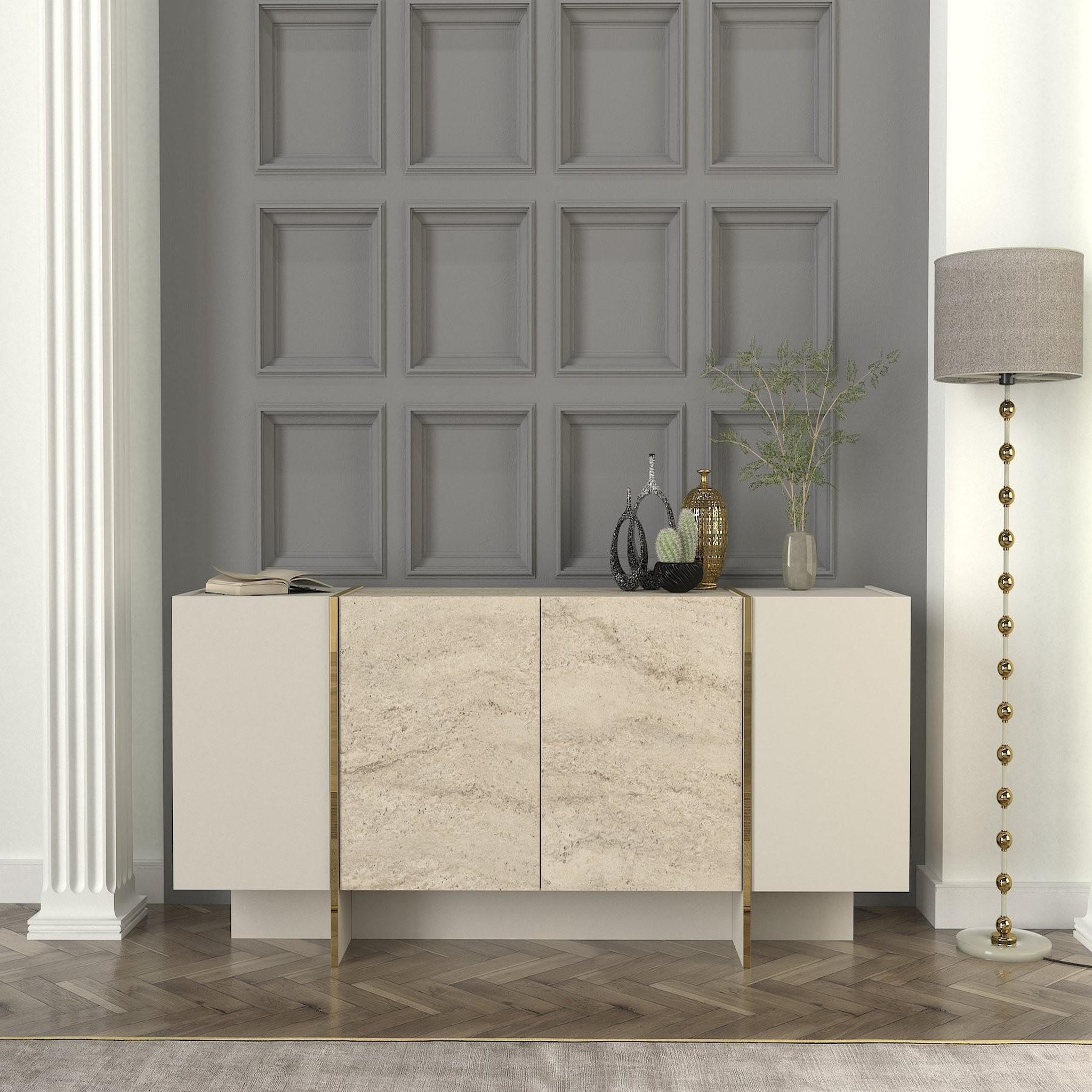Voir la diapositive 2 : Habitat et Jardin Buffet en bois  veyron  - 180 x 46 x 75 cm - travertin, grès