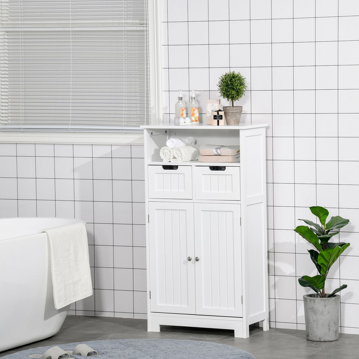KLEANKIN Meuble bas de salle de bain multi-rangements grande niche 2 tiroirs placard double porte avec étagère MDF blanc