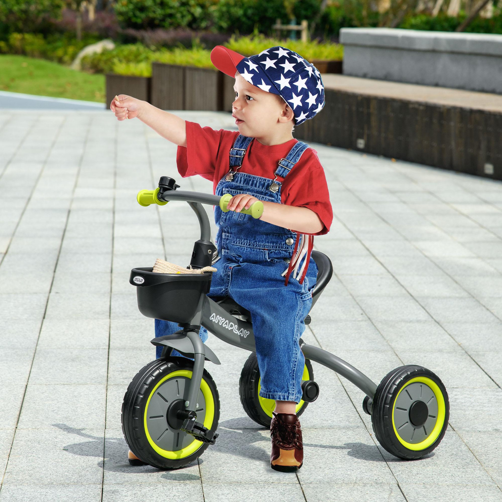 Voir la diapositive 2 : HOMCOM Tricycle enfant multi-équipé garde-boue sonnette panier pédales antidérapantes siège réglable avec dossier métal noir
