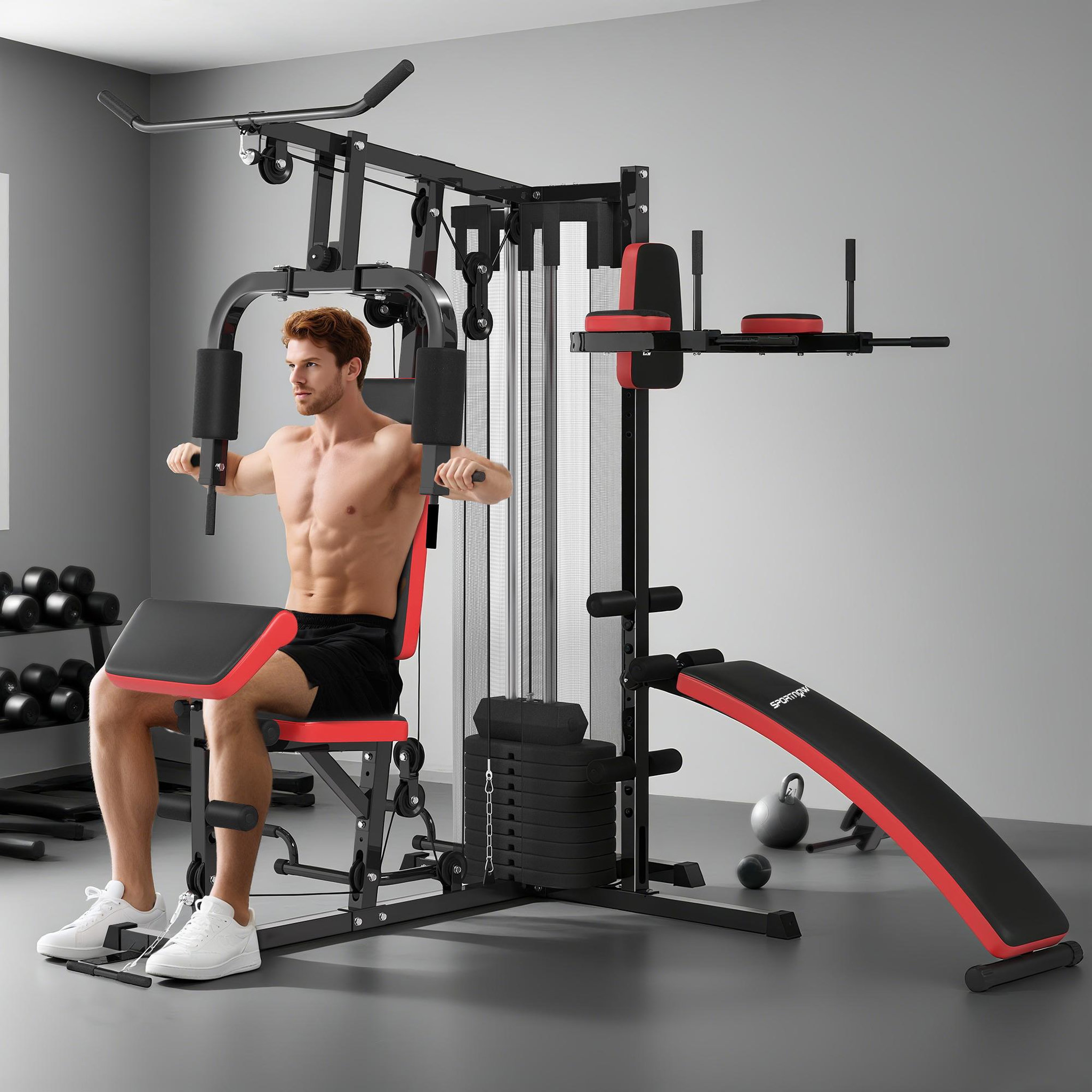 Voir la diapositive 6 : HOMCOM Station de musculation - banc, développé couché, butterfly, barre latissimus et traction, curler, bande résistance, 10 contrepoids - rouge