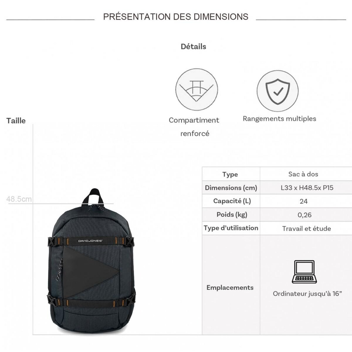 David Jones Sac à dos porte-ordinateur 16''