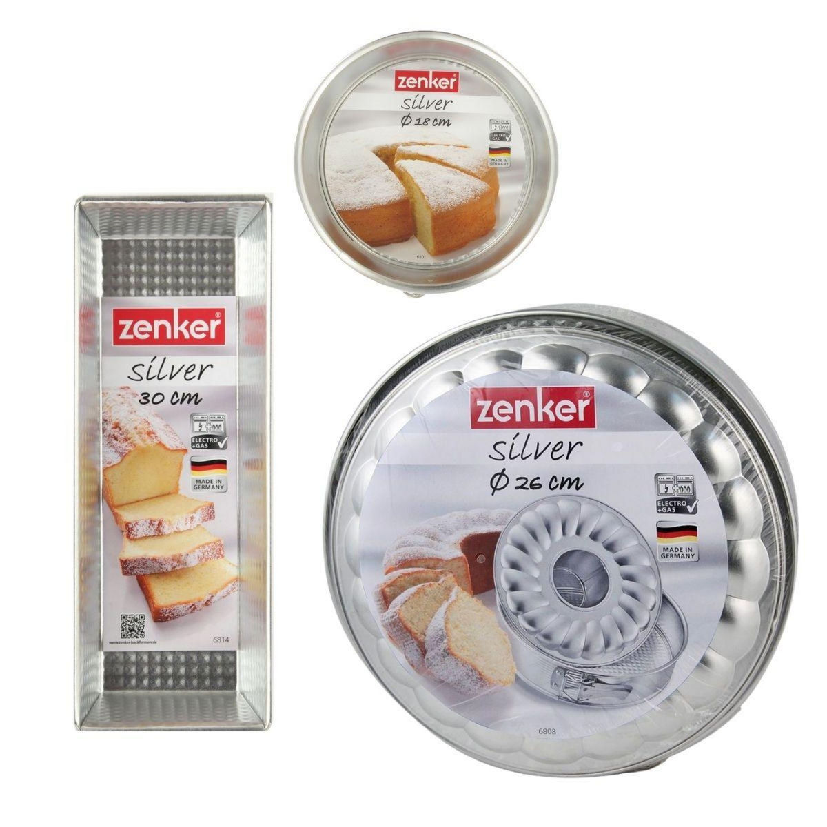 ZENKER Ensemble de 3 moules à gâteaux avec moule à cake 30 cm + moule manqué 18 cm + moule à manqué et savarin 26 cm Zenker Silver