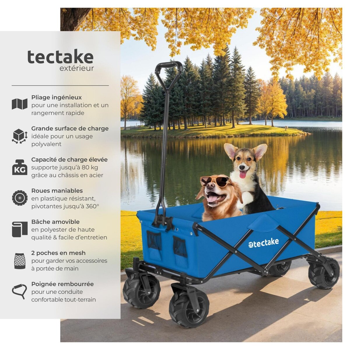 tectake Chariot de jardin et de transport pliable bleu