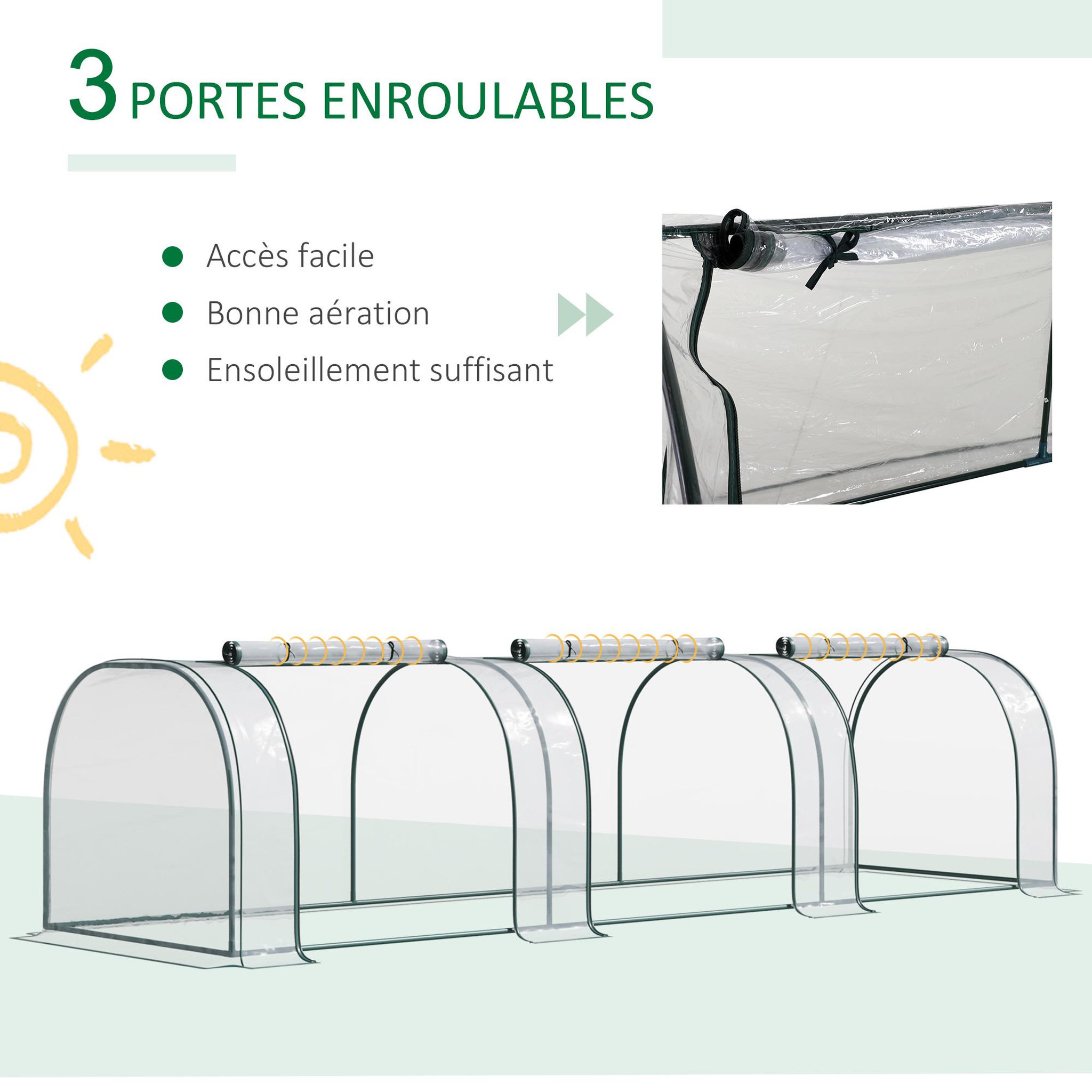 Voir la diapositive 6 : OUTSUNNY Serre de jardin tunnel 3,5l x 1l x 0,8h m 3 portes zippées bâche pvc transparent métal époxy vert