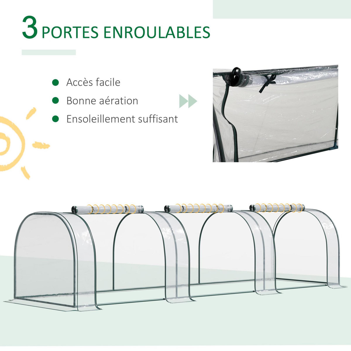 OUTSUNNY Serre de jardin tunnel 3,5L x 1l x 0,8H m 3 portes zippées bâche PVC transparent métal époxy vert