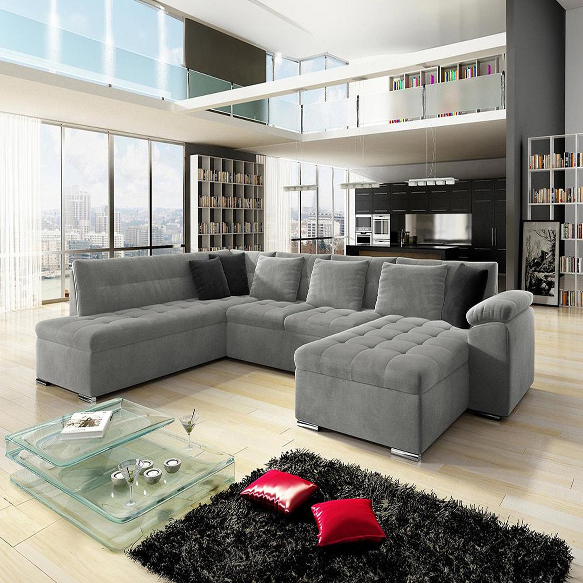 Voir la diapositive 5 : BEST MOBILIER Chuck - canapé panoramique xxl - convertible avec coffre - 7 places - gauche