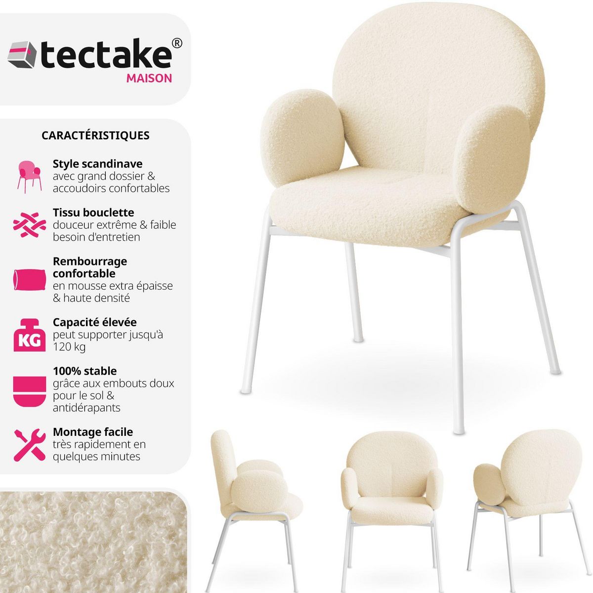 tectake Chaise rembourrée avec revêtement en tissu bouclette crème