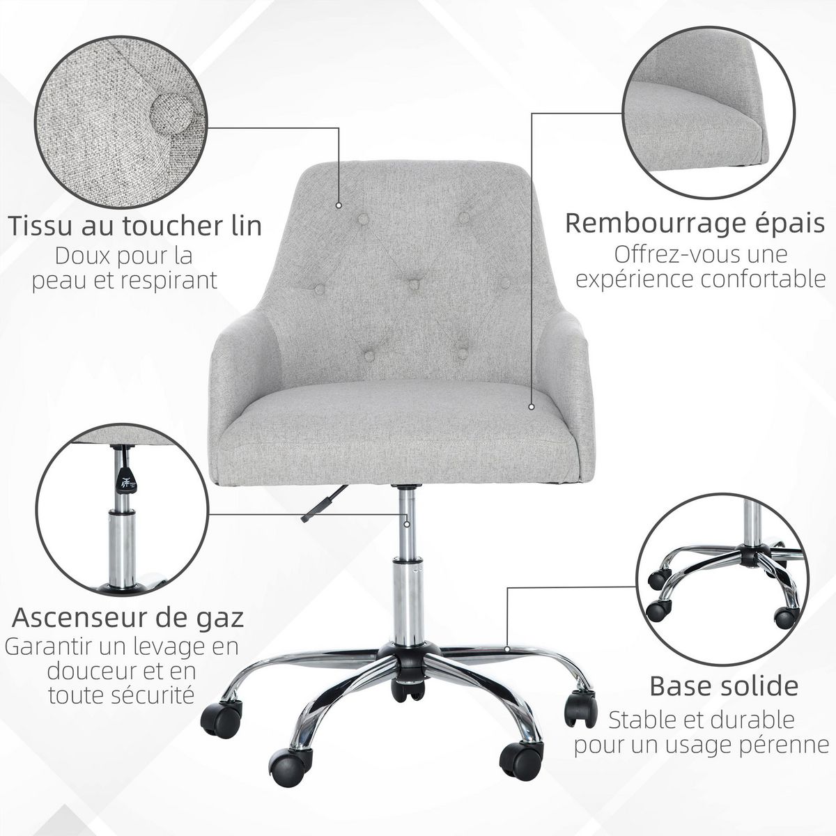 VINSETTO Chaise de bureau design Chesterfield capitonné hauteur réglable pivotant 360° piètement chromé tissu gris