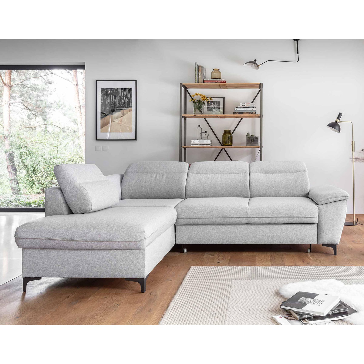 BEST MOBILIER Clever - canapé d'angle gauche - 5 places - convertible avec coffre et têtières - en tissu