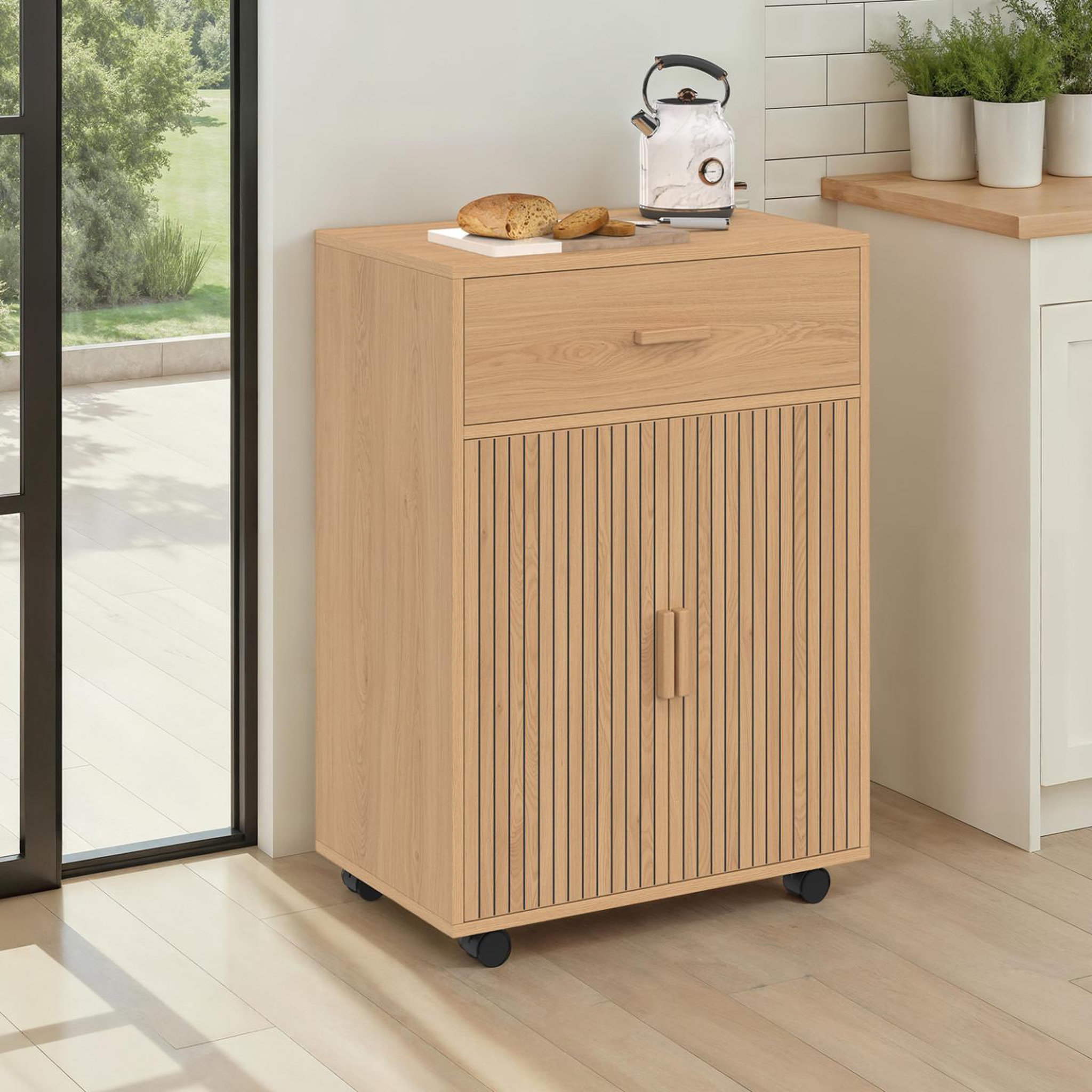 Voir la diapositive 2 : ID MARKET Desserte de cuisine juliette placard avec tiroir effet lattes tasseau bois l.60 cm