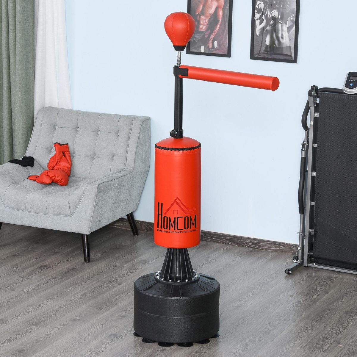 HOMCOM Sac de frappe boxe autoportant punching ball brunier 3 en 1 revêtement synthétique dim. 88L x 48l x 155-205H cm rouge noir
