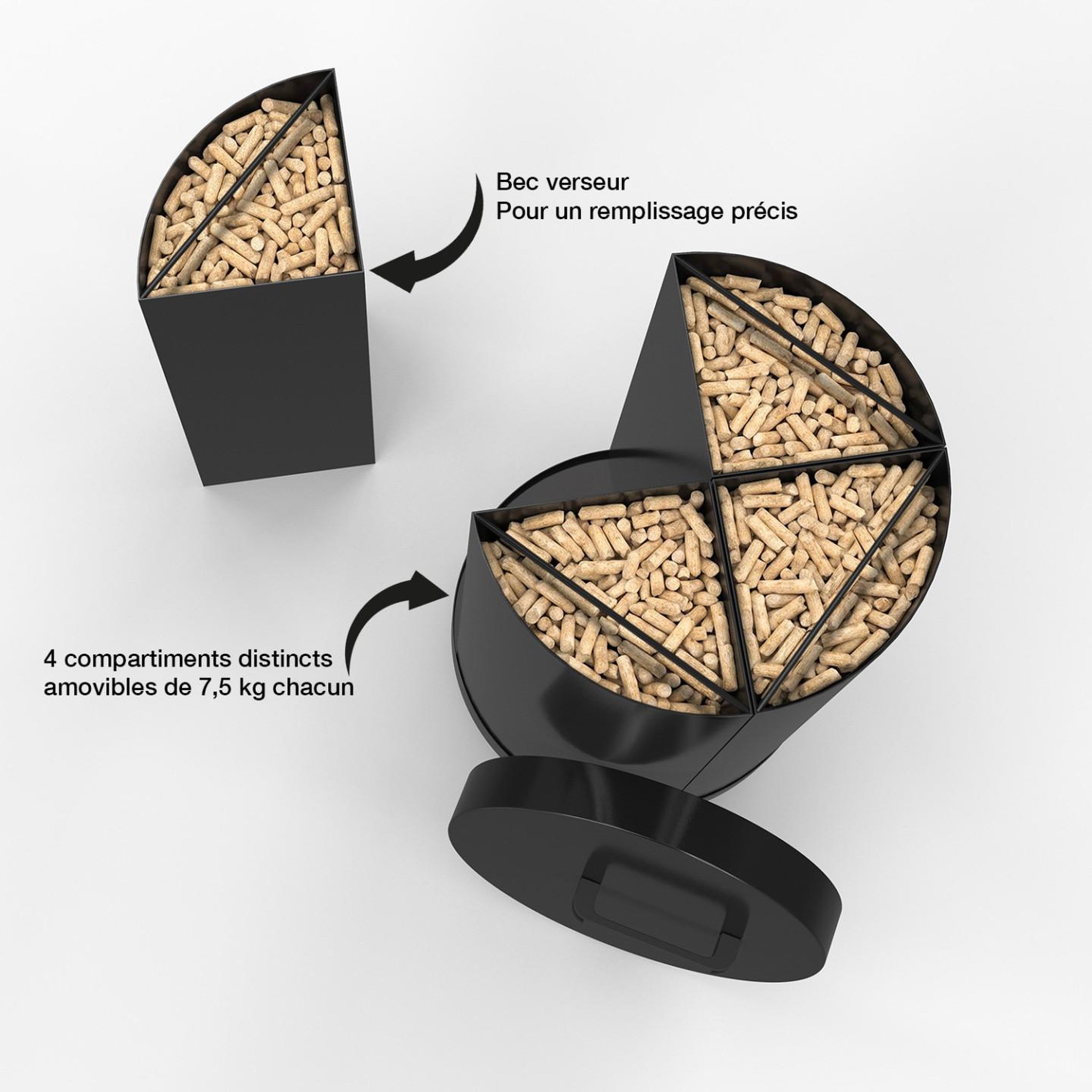 Voir la diapositive 4 : ID MARKET Réservoir à granulés rond 30 kg noir 4 compartiments détachables avec bec verseur rangement à pellets 35 x 35 x 63,5 cm