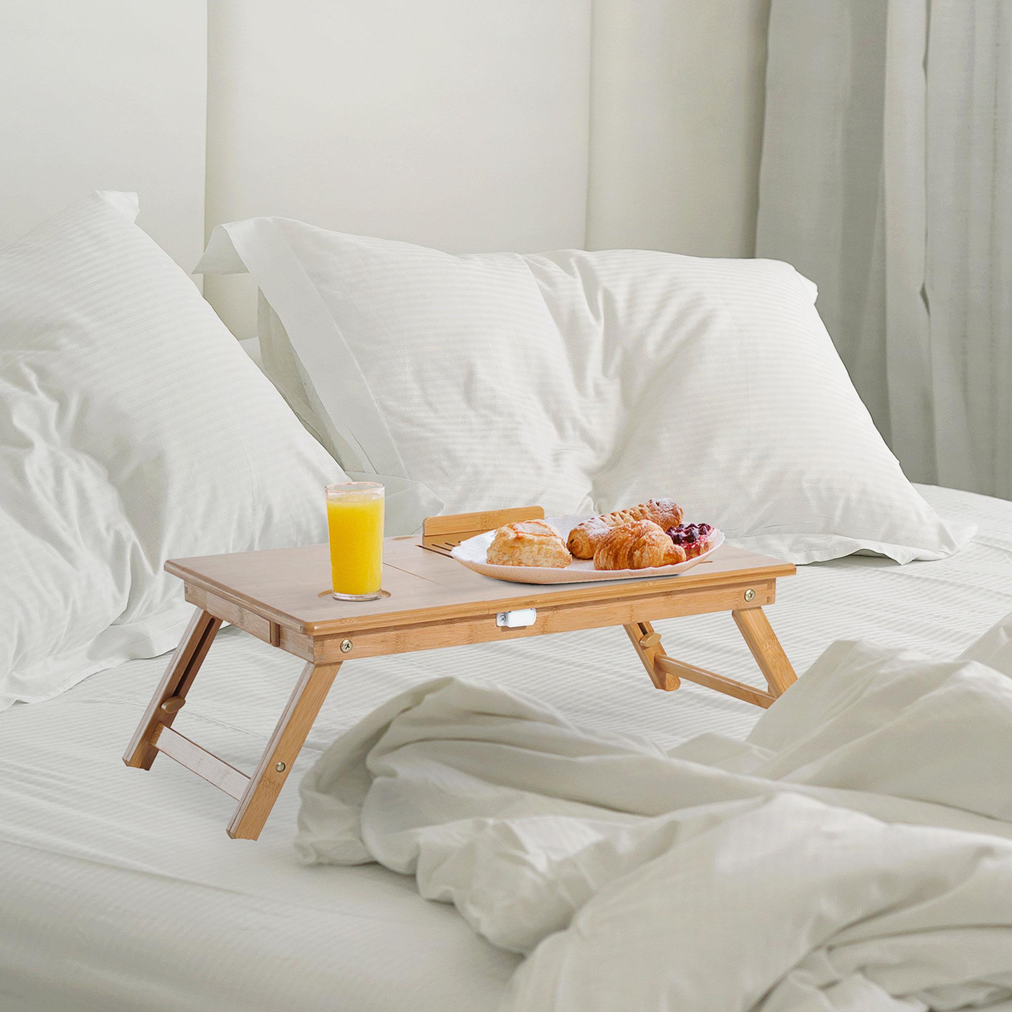 Voir la diapositive 5 : HOMCOM Table de lit pour ordinateur pliable réglable tiroir évents cale porte-gobelet bambou verni