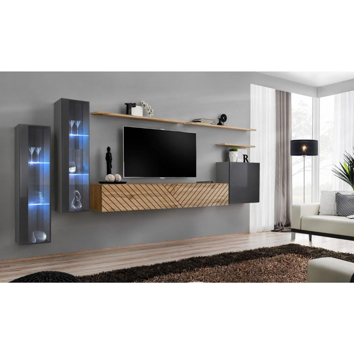 Paris Prix Ensemble Meuble TV  Switch Lamel XI  330cm Naturel & Gris