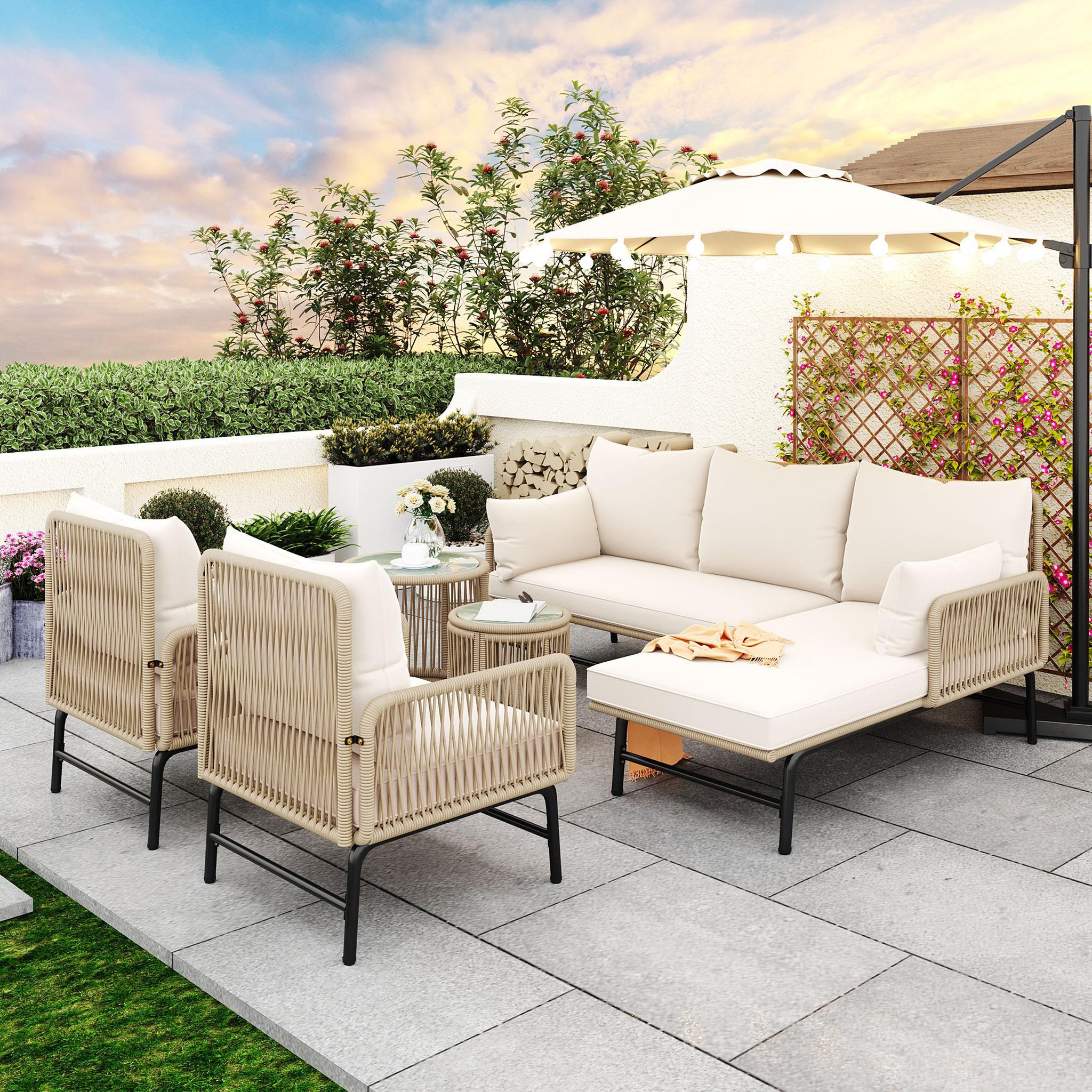 Voir la diapositive 4 : MERAX Salon de jardin 6 places en fer avec 2 fauteuils, 2 canapés, 2 tables, coussins, beige
