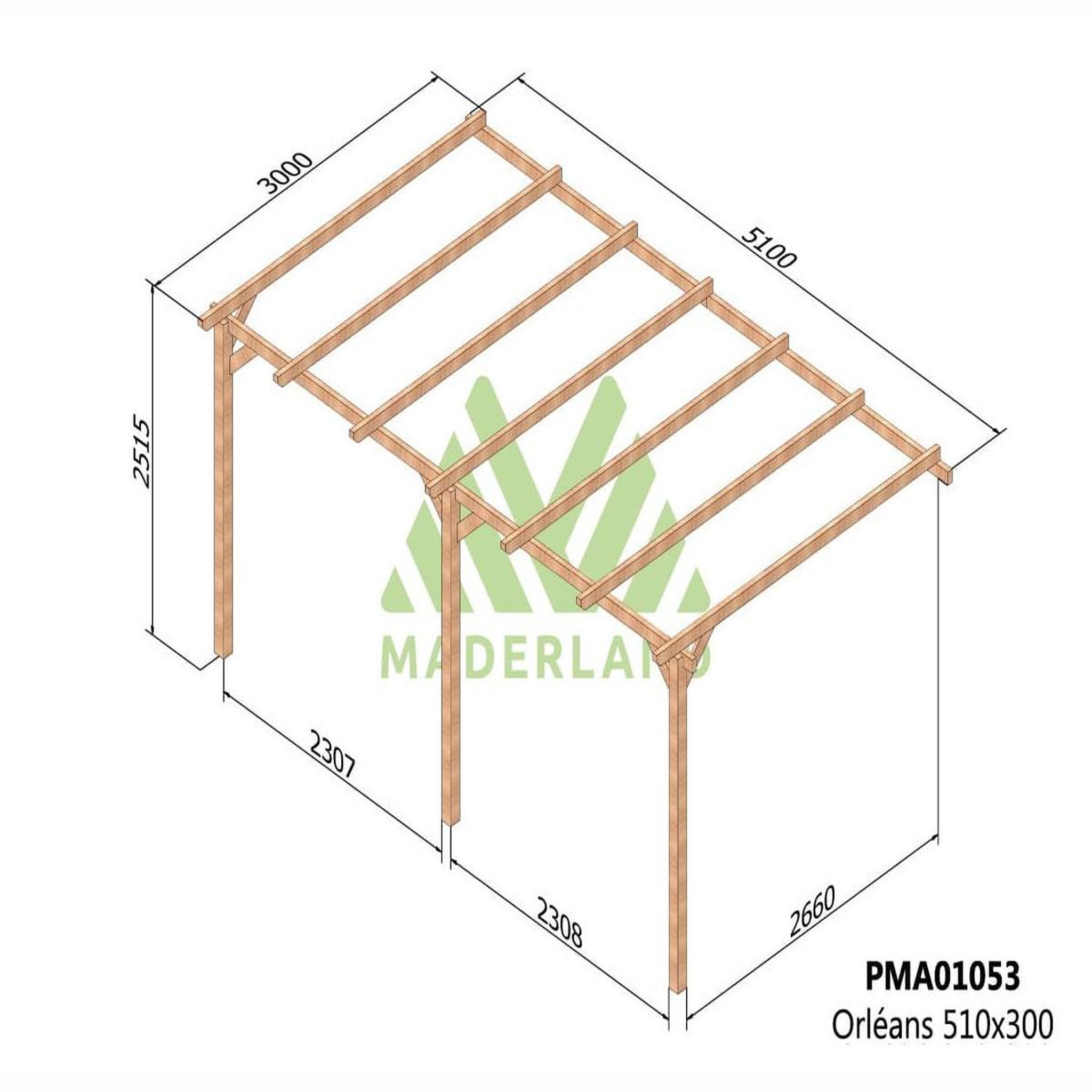 Voir la diapositive 2 : JARDIDECO Pergola adossée en bois massif orléans 510 x 300 cm - maderland
