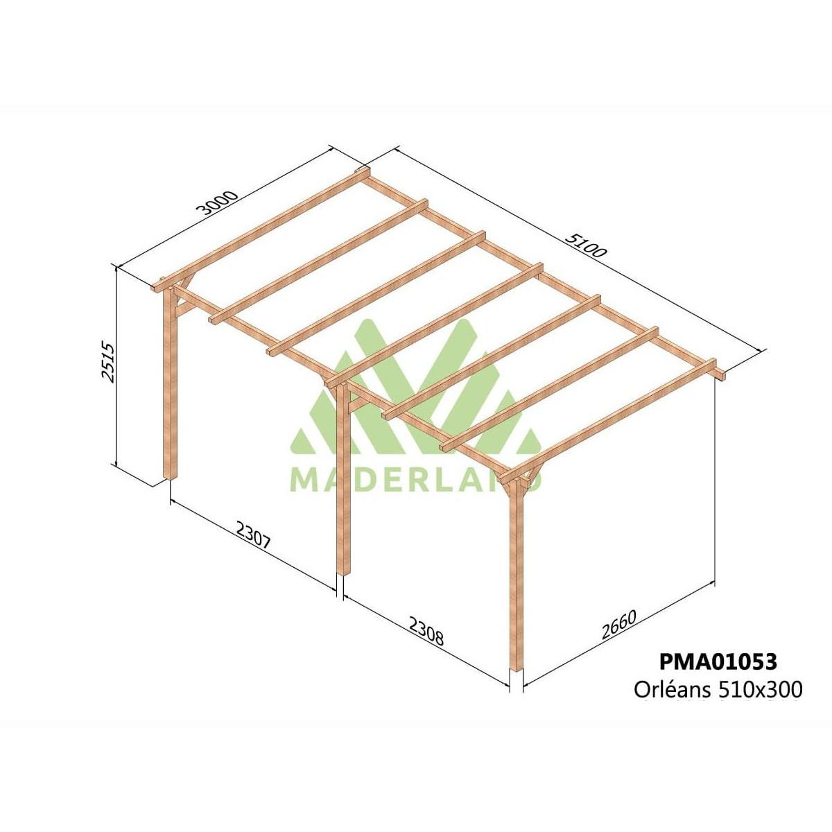 JARDIDECO Pergola adossée en bois massif Orléans 510 x 300 cm - Maderland