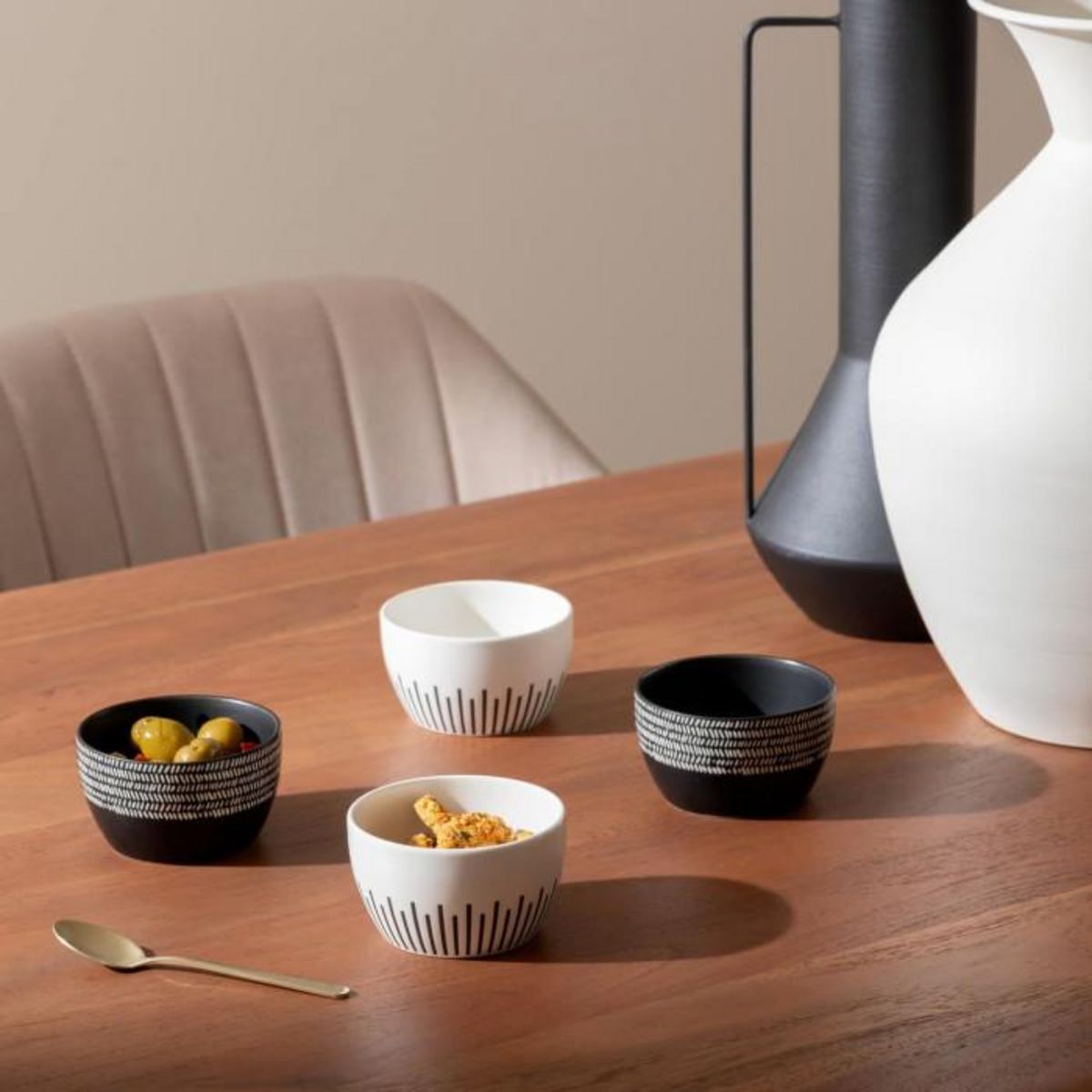 SECRET DE GOURMET Lot de 4 Coupelles en Céramique  Ethnique  10cm Noir & Blanc